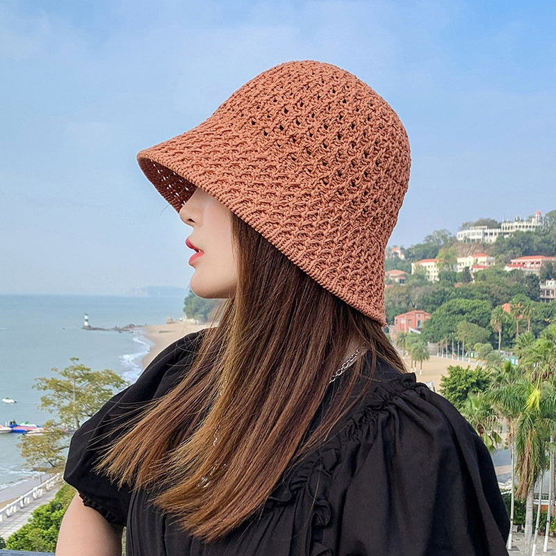 2024 Summer Sunscreen Hat Women's Net Red ins Korean Bucket Hat Hollow out Fisherman Basin Hat Outdoor Knitted Sun Shield Hat 03 55-58CM