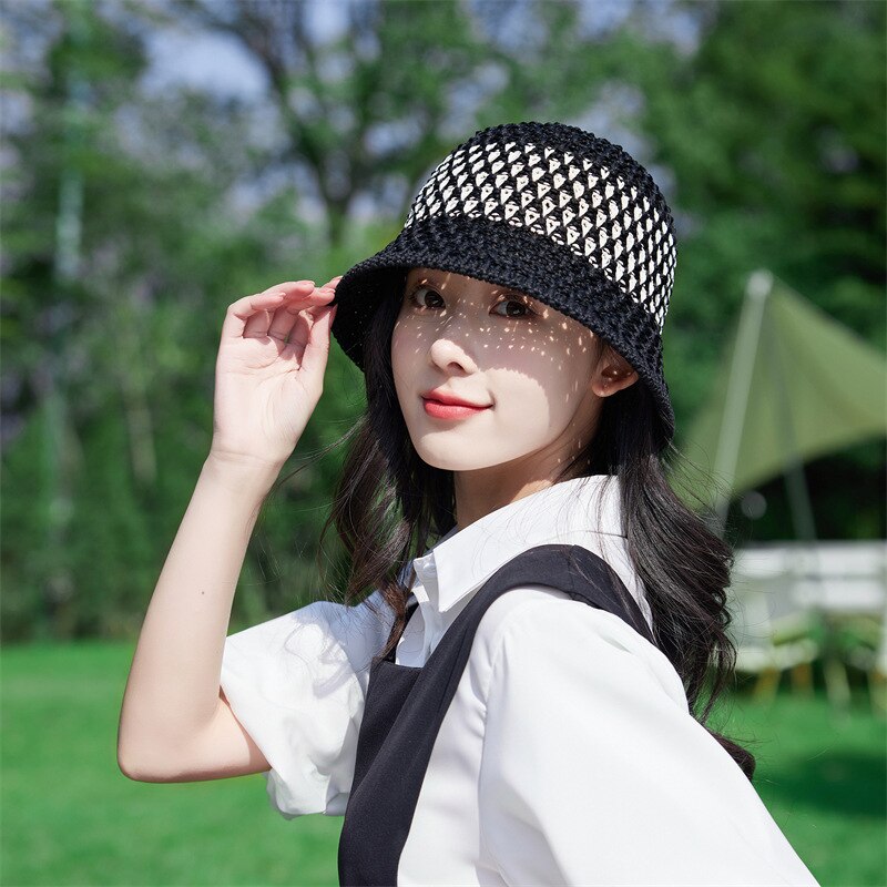 2024 Summer Sunscreen Hat Women's Net Red ins Korean Bucket Hat Hollow out Fisherman Basin Hat Outdoor Knitted Sun Shield Hat 09 55-58CM