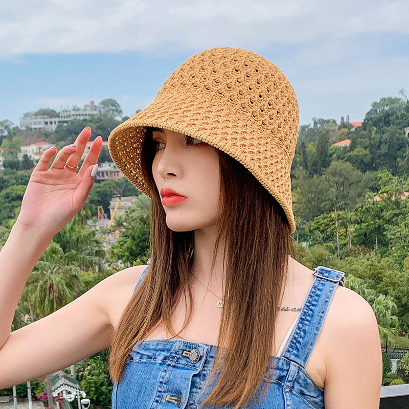2024 Summer Sunscreen Hat Women's Net Red ins Korean Bucket Hat Hollow out Fisherman Basin Hat Outdoor Knitted Sun Shield Hat 06 55-58CM