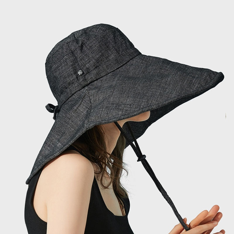 2024 Summer Wide Brim 18cm Linen Sun Hats for Women Uv Protection UPF 50+ Sunshade Foldable Bucket Hat Beach Outing Panama