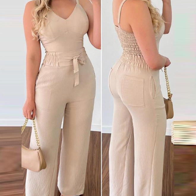 2024 Summer Woman Long Jumpsuits Elegant Sexy V-Neck Shirred Cami Top & High Waist Pants Set New Fashion Casual One Pieces A