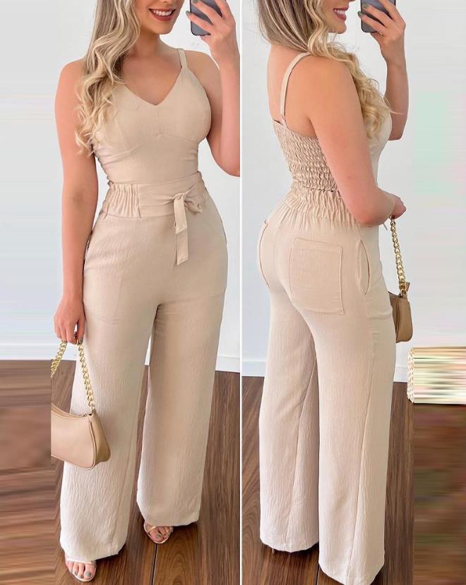2024 Summer Woman Long Jumpsuits Elegant Sexy V-Neck Shirred Cami Top & High Waist Pants Set New Fashion Casual One Pieces A