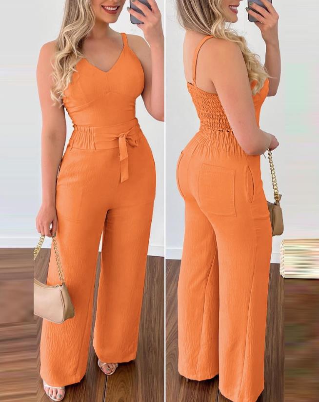 2024 Summer Woman Long Jumpsuits Elegant Sexy V-Neck Shirred Cami Top & High Waist Pants Set New Fashion Casual One Pieces C