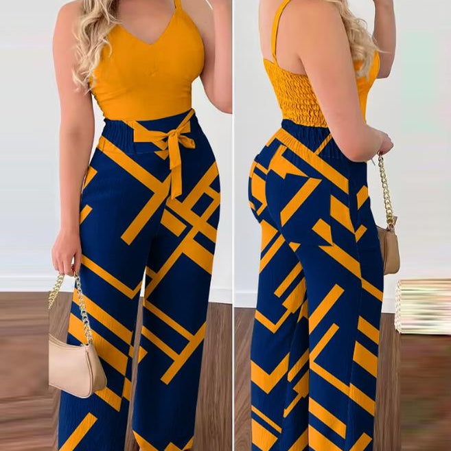 2024 Summer Woman Long Jumpsuits Elegant Sexy V-Neck Shirred Cami Top & High Waist Pants Set New Fashion Casual One Pieces E