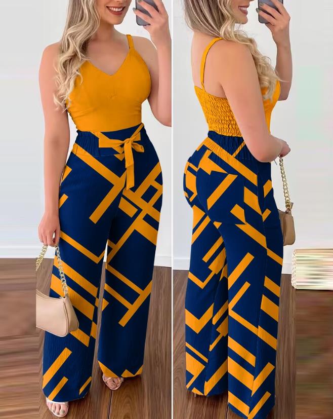 2024 Summer Woman Long Jumpsuits Elegant Sexy V-Neck Shirred Cami Top & High Waist Pants Set New Fashion Casual One Pieces E