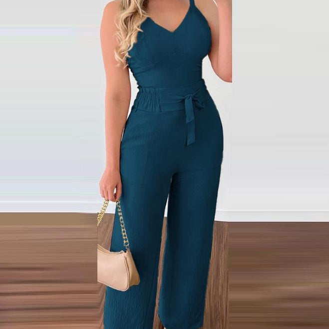 2024 Summer Woman Long Jumpsuits Elegant Sexy V-Neck Shirred Cami Top & High Waist Pants Set New Fashion Casual One Pieces