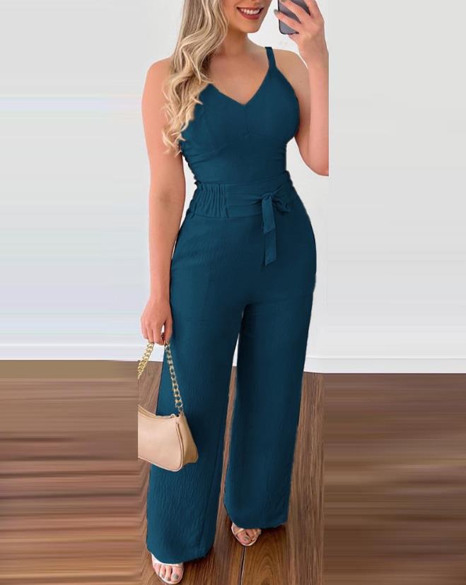 2024 Summer Woman Long Jumpsuits Elegant Sexy V-Neck Shirred Cami Top & High Waist Pants Set New Fashion Casual One Pieces