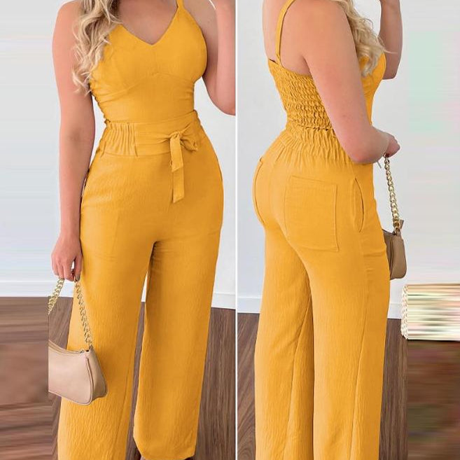 2024 Summer Woman Long Jumpsuits Elegant Sexy V-Neck Shirred Cami Top & High Waist Pants Set New Fashion Casual One Pieces B