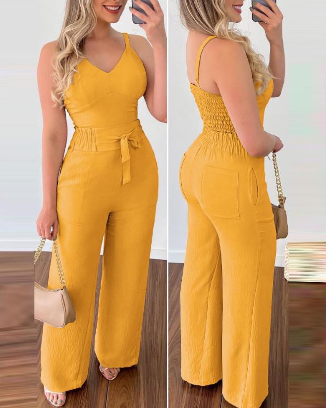 2024 Summer Woman Long Jumpsuits Elegant Sexy V-Neck Shirred Cami Top & High Waist Pants Set New Fashion Casual One Pieces B