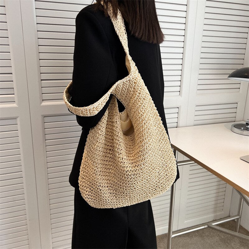 2024 Summer Women's Bag Soft Straw Bag Casual Long Woven Shoulder Bag Popular Light Travel Beach Bag
