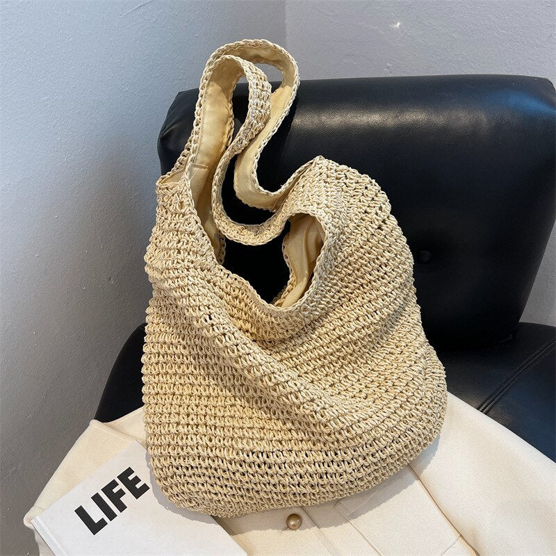 2024 Summer Women's Bag Soft Straw Bag Casual Long Woven Shoulder Bag Popular Light Travel Beach Bag
