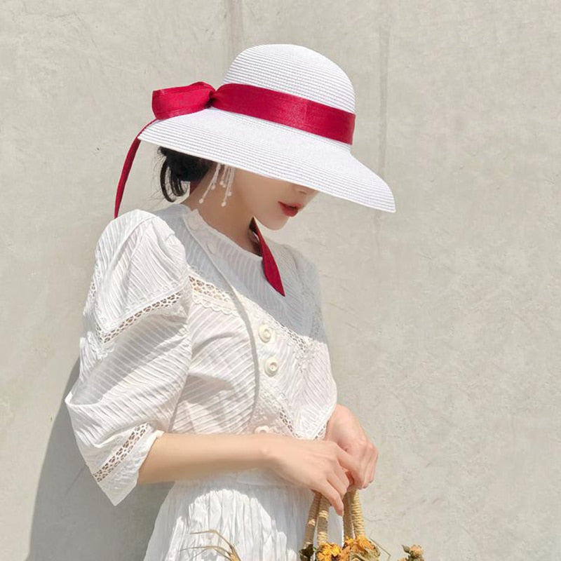 2024 Summer hat new female sun hat folding beach hat big brim travel sunscreen Hepburn wind sun hat travel