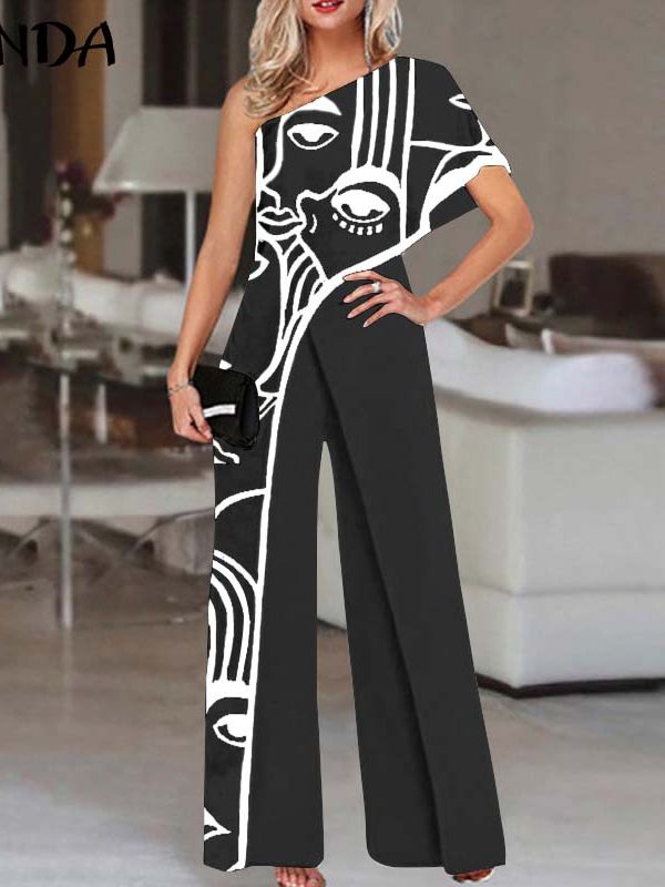 2024 VONDA Women's Summer Rompers Elegant Office Formal Jumpsuits Casual Solid One Shoulder Sexy Loose Party Overalls Oversized Style C Black