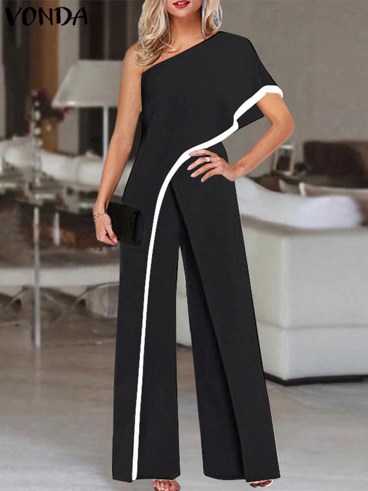 2024 VONDA Women's Summer Rompers Elegant Office Formal Jumpsuits Casual Solid One Shoulder Sexy Loose Party Overalls Oversized Black
