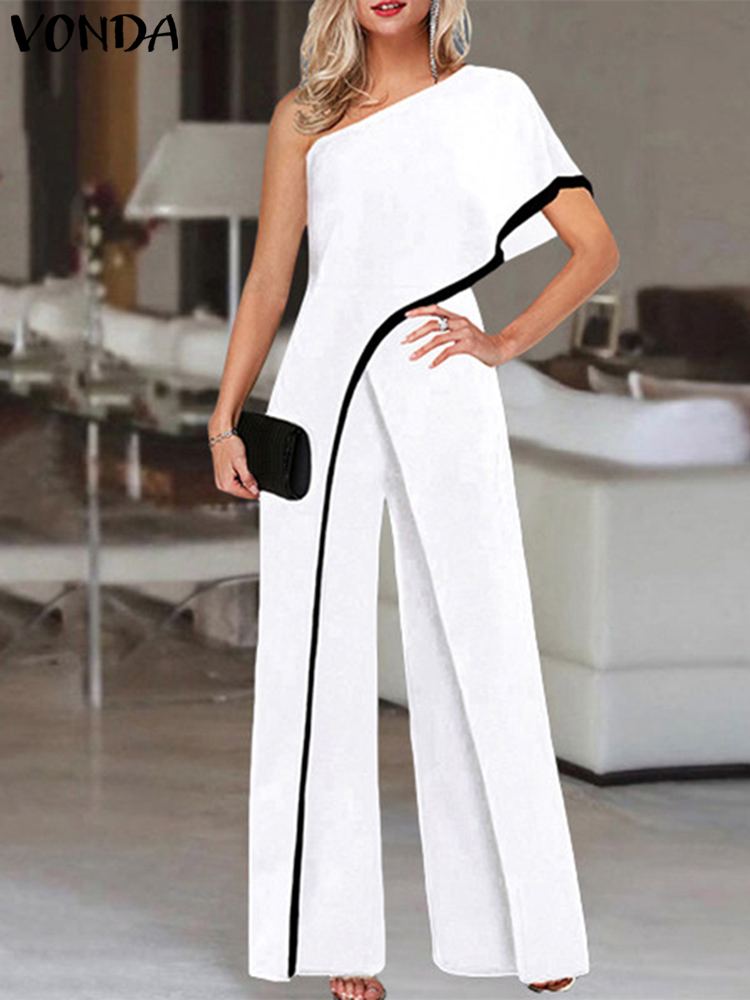 2024 VONDA Women's Summer Rompers Elegant Office Formal Jumpsuits Casual Solid One Shoulder Sexy Loose Party Overalls Oversized White