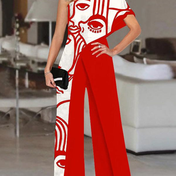 2024 VONDA Women's Summer Rompers Elegant Office Formal Jumpsuits Casual Solid One Shoulder Sexy Loose Party Overalls Oversized Style C Red
