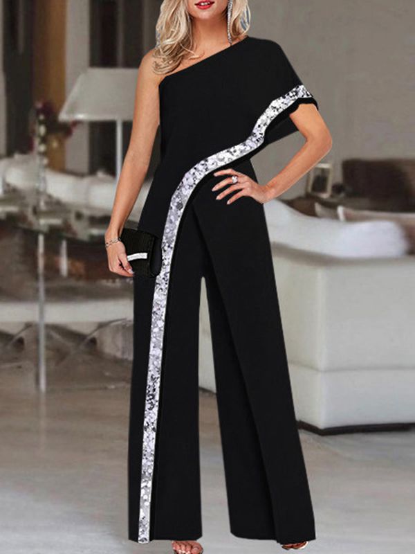 2024 VONDA Women's Summer Rompers Elegant Office Formal Jumpsuits Casual Solid One Shoulder Sexy Loose Party Overalls Oversized Style B Black