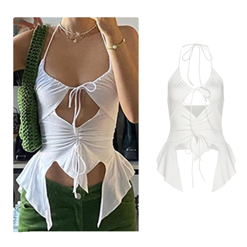 2024 Vintage Brown Halter Camisole Hollow Out Cyber Y2k Crop Top Women Gothic Sexy Aesthetic Fairy Corset Tank Camis 90s Clothes nz755-white