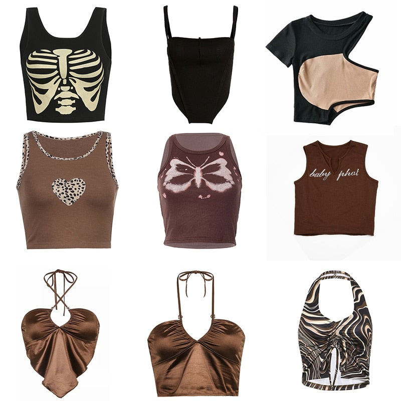 2024 Vintage Brown Halter Camisole Hollow Out Cyber Y2k Crop Top Women Gothic Sexy Aesthetic Fairy Corset Tank Camis 90s Clothes