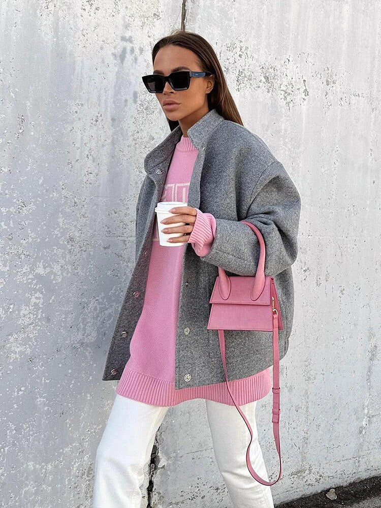 2024 Winter Autumn Women Loose Solid Jacket Long Sleeve Coat Female Baseball Coat Fashion Casual Ladies Minimalism Overcoa