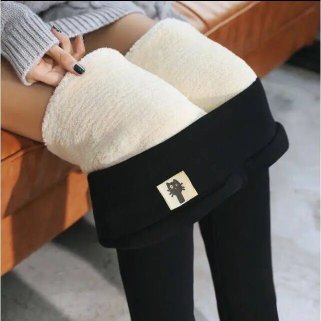 2024 Winter New Plus Fleece Thickened Lamb Down Leggings Women's Autumn and Winter High Waist Tights Warm Pants Black
