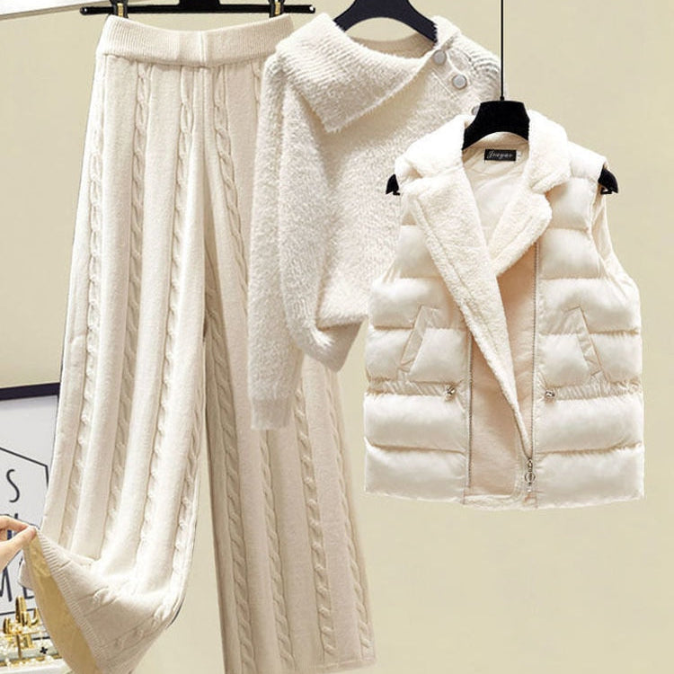 2024 Winter Warm 3 Piece Set For Women Outfits Ladies Knitted Sweater +Lamb Wool Vest+ Wide Leg Twist Pants Set Womens Clothing