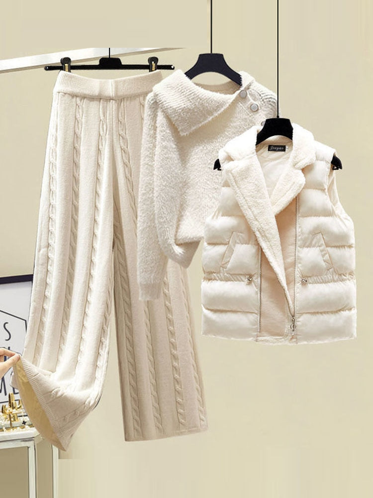 2024 Winter Warm 3 Piece Set For Women Outfits Ladies Knitted Sweater +Lamb Wool Vest+ Wide Leg Twist Pants Set Womens Clothing