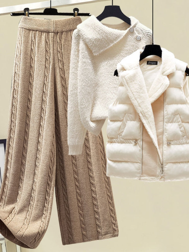 2024 Winter Warm 3 Piece Set For Women Outfits Ladies Knitted Sweater +Lamb Wool Vest+ Wide Leg Twist Pants Set Womens Clothing