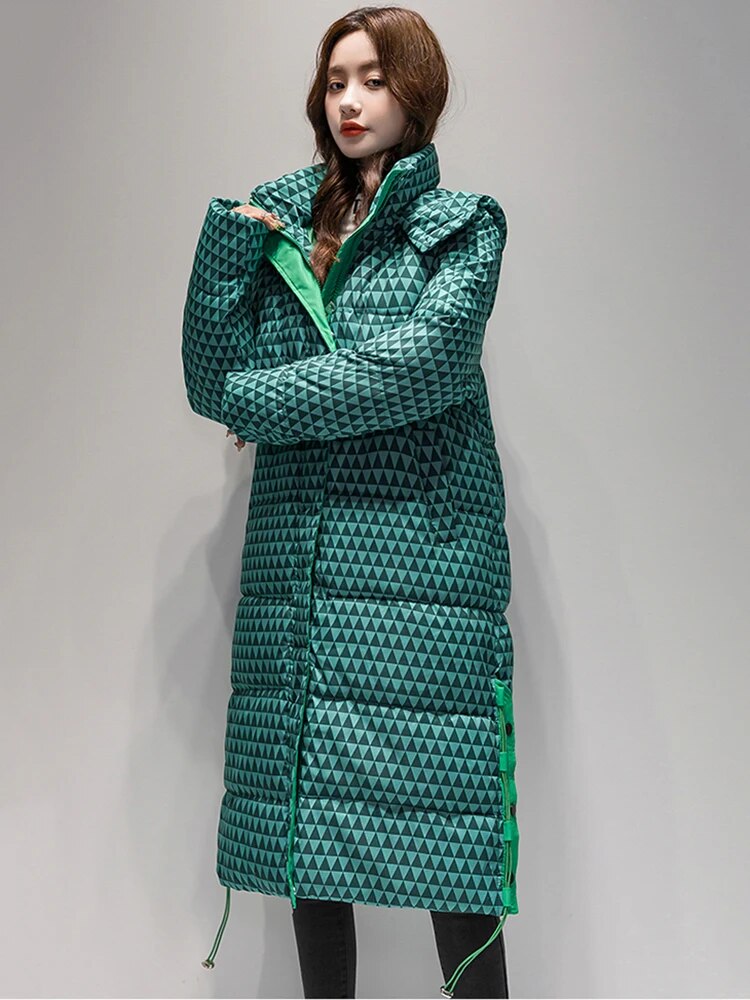 2024 Winter Warm Parka Plaid Long Sonw Coat Women's Fashion Thicken Hooded Puffer Jacket Female Windproof Warm Outwear Green