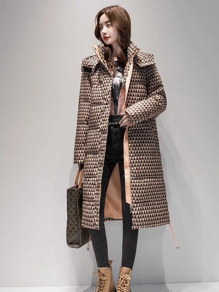 2024 Winter Warm Parka Plaid Long Sonw Coat Women's Fashion Thicken Hooded Puffer Jacket Female Windproof Warm Outwear Khaki