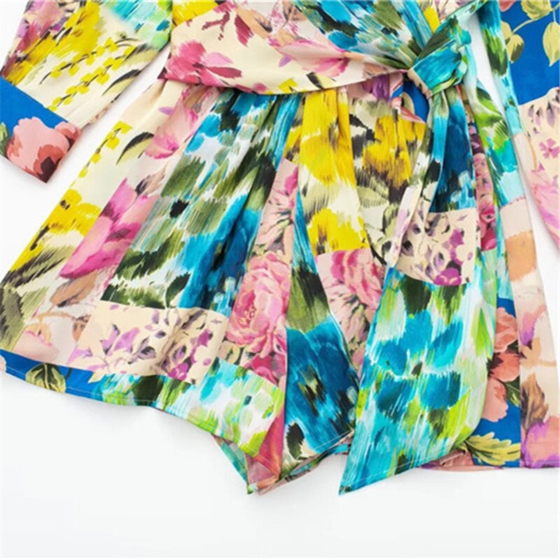 2024 Woman Short Playsuit Patchwork Print Female Jumpsuit Knot Long Sleeve Women's Summer Playsuit Beach Women Jumpsuits