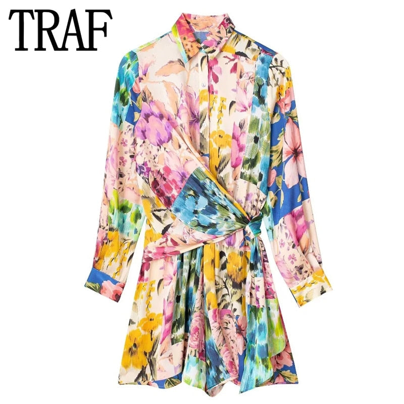 2024 Woman Short Playsuit Patchwork Print Female Jumpsuit Knot Long Sleeve Women's Summer Playsuit Beach Women Jumpsuits
