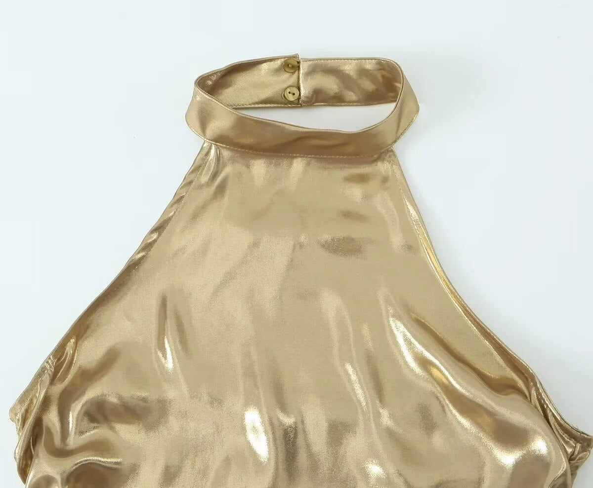 2024 Women Metallic Glitter Hanging Neck Crop Top Y2K Fashion Sleeveless Ruched Top Summer Sexy Backless Slim Tops