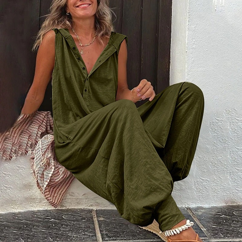 2024 Women Retro Solid Jumpsuit Casual Sleeveless Button Hooded Jumpsuits Lady Fashion Loose Pocket Pleated Small Foot Overalls