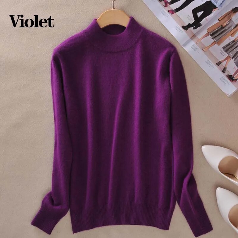 2024 Women Winter Spring Warm Solid Knitted Soft Cashmere Wool Blend Slim Pullover Jumper Sweater Top Purple