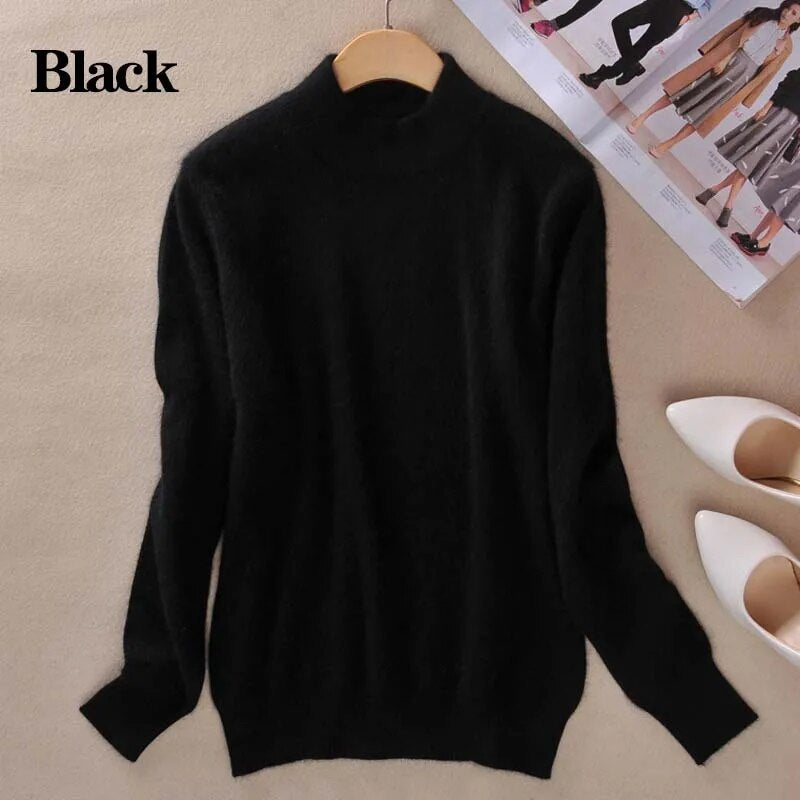 2024 Women Winter Spring Warm Solid Knitted Soft Cashmere Wool Blend Slim Pullover Jumper Sweater Top Black