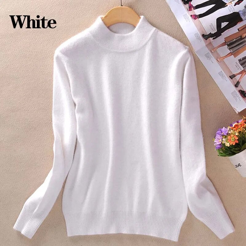 2024 Women Winter Spring Warm Solid Knitted Soft Cashmere Wool Blend Slim Pullover Jumper Sweater Top White