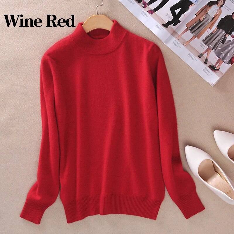 2024 Women Winter Spring Warm Solid Knitted Soft Cashmere Wool Blend Slim Pullover Jumper Sweater Top Wine Red