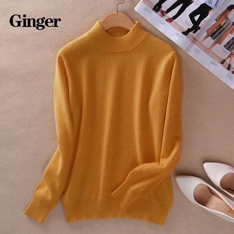 2024 Women Winter Spring Warm Solid Knitted Soft Cashmere Wool Blend Slim Pullover Jumper Sweater Top Yellow