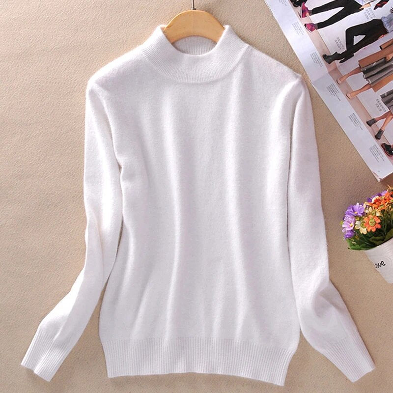 2024 Women Winter Spring Warm Solid Knitted Soft Cashmere Wool Blend Slim Pullover Jumper Sweater Top