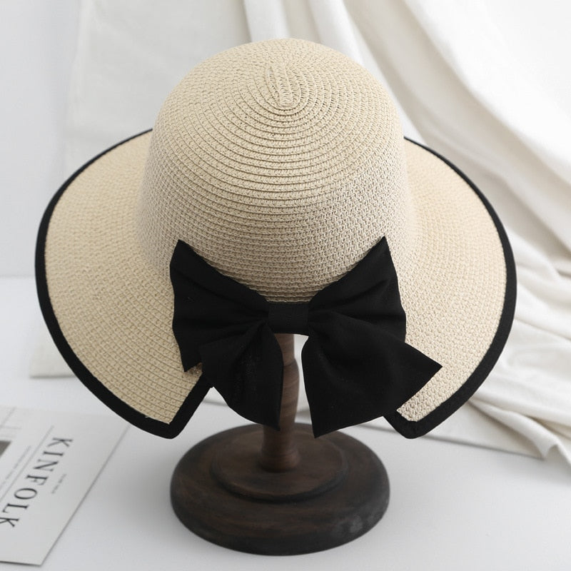 2024 Women's Beach Panama Summer Hat Travel casual bowknot Straw Hat Fashion Beach Holiday ladies sun bucket Hat Beige 56-58 cm