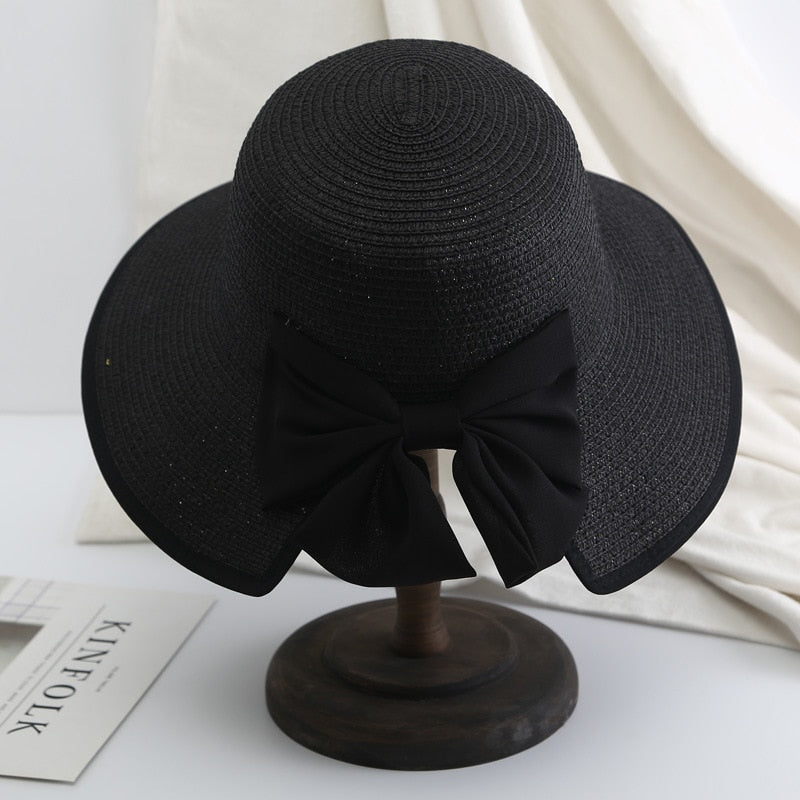 2024 Women's Beach Panama Summer Hat Travel casual bowknot Straw Hat Fashion Beach Holiday ladies sun bucket Hat Black 56-58 cm