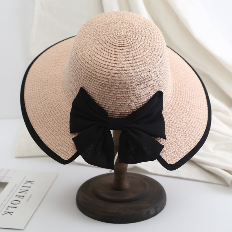 2024 Women's Beach Panama Summer Hat Travel casual bowknot Straw Hat Fashion Beach Holiday ladies sun bucket Hat Pink 56-58 cm