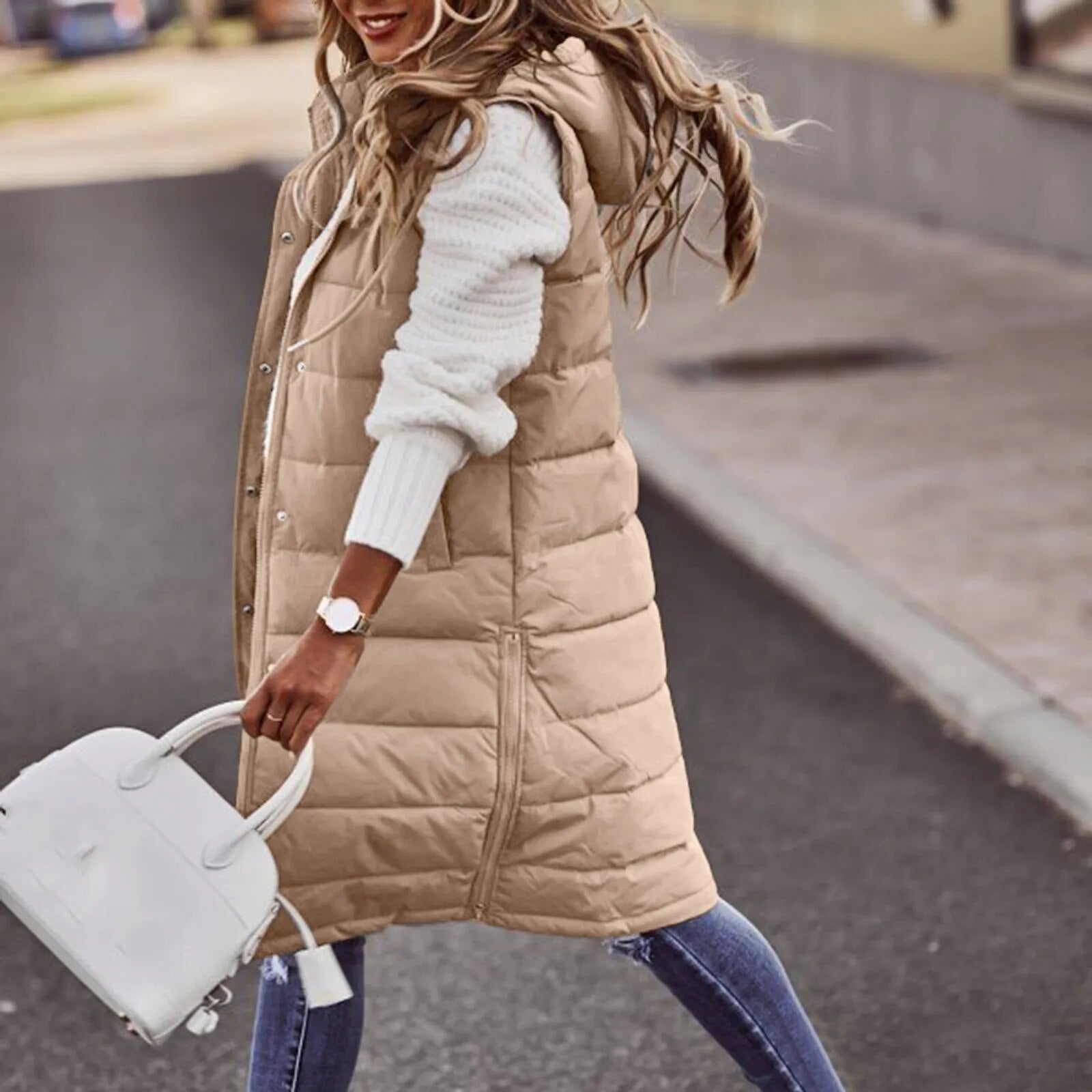 2024 Women's Long Winter Hooded Down Vest Sleeveless Warm Coat Knee-length Waistcoat with Pocket Fashion Brand Streetwear