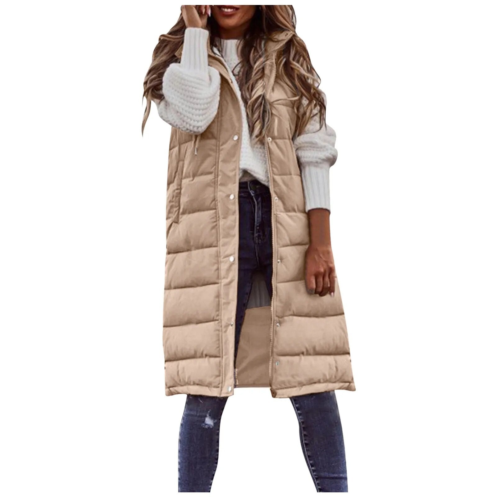 2024 Women's Long Winter Hooded Down Vest Sleeveless Warm Coat Knee-length Waistcoat with Pocket Fashion Brand Streetwear Khaki