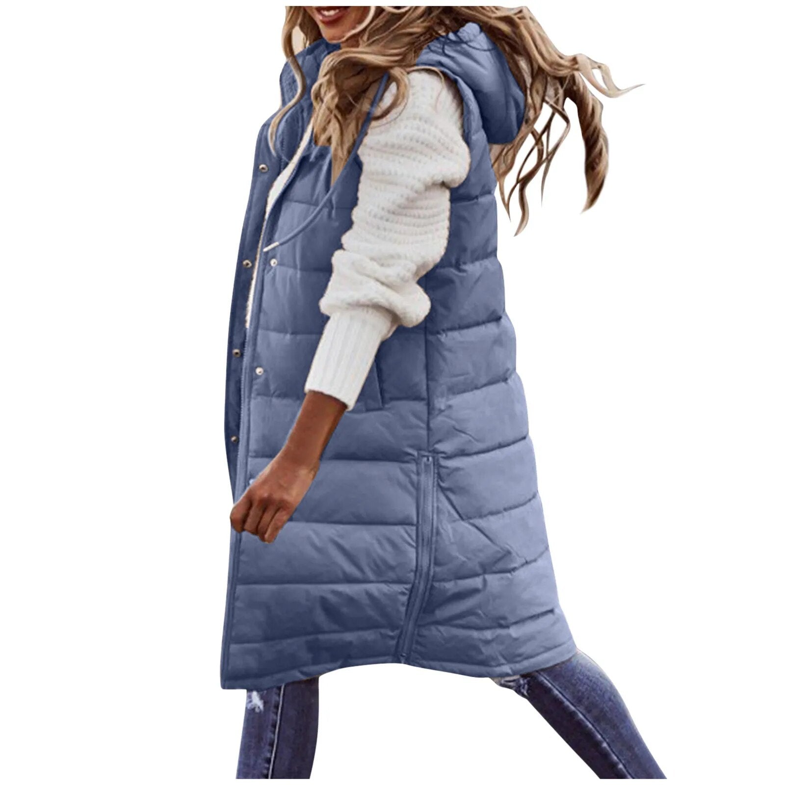 2024 Women's Long Winter Hooded Down Vest Sleeveless Warm Coat Knee-length Waistcoat with Pocket Fashion Brand Streetwear Blue