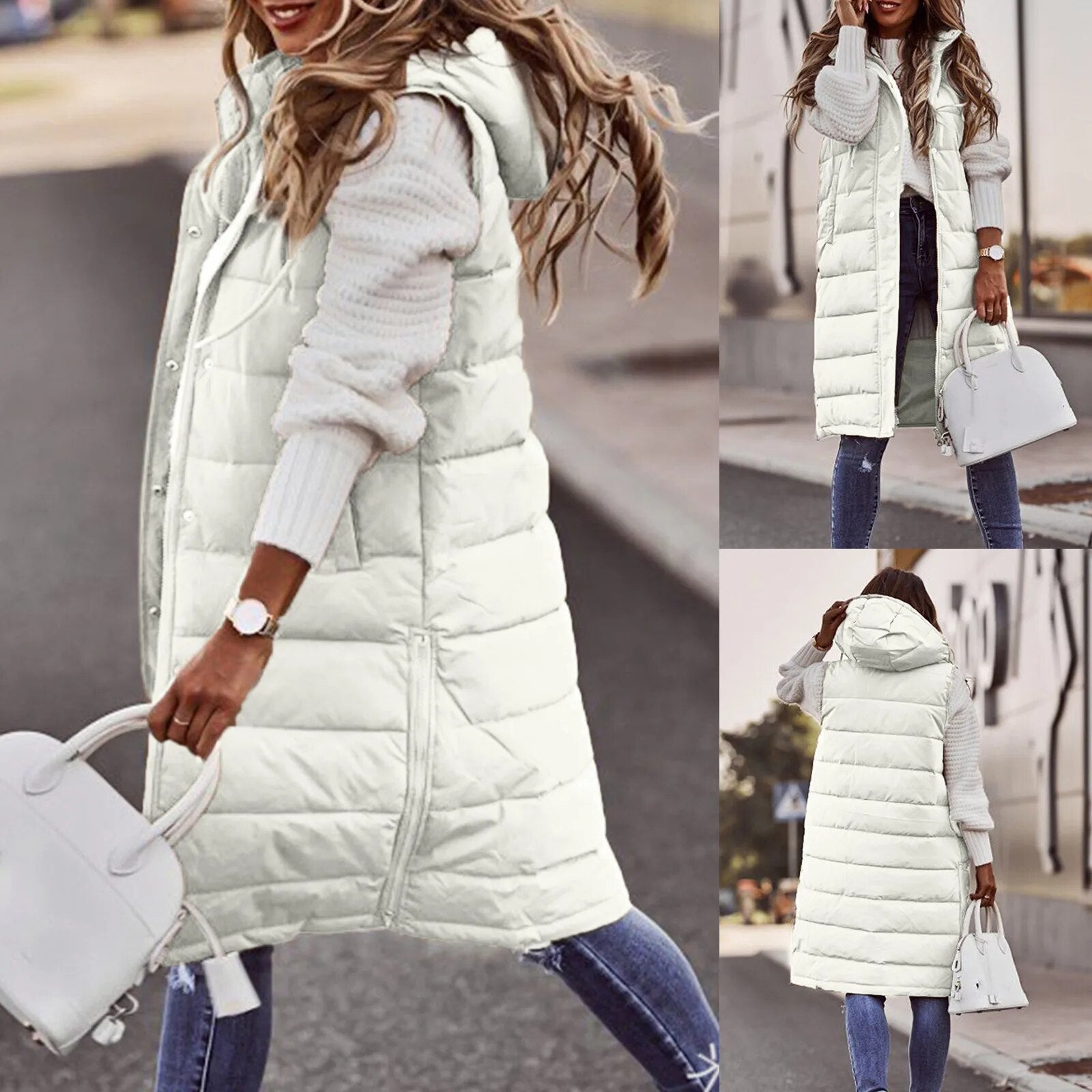 2024 Women's Long Winter Hooded Down Vest Sleeveless Warm Coat Knee-length Waistcoat with Pocket Fashion Brand Streetwear White