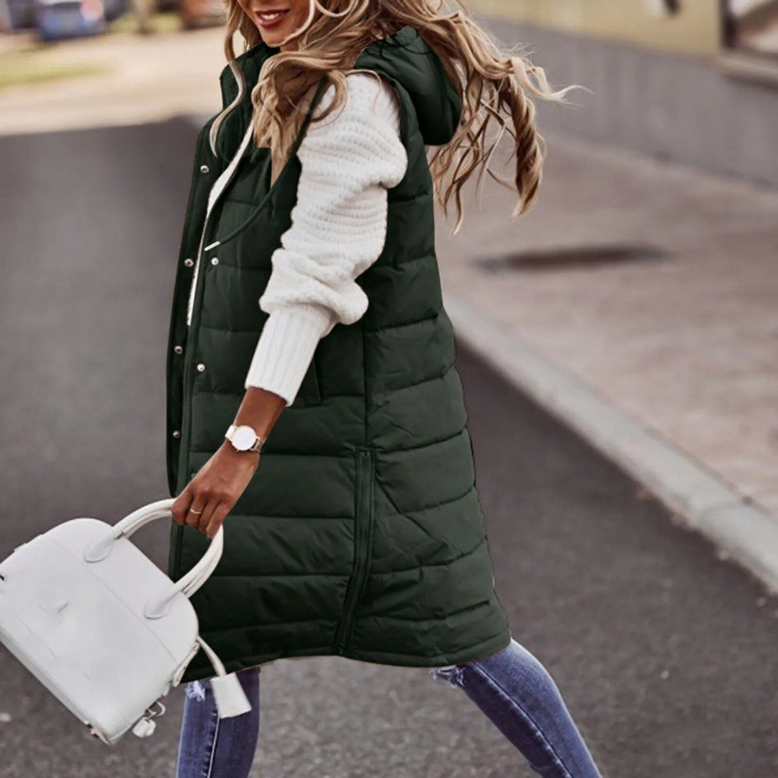 2024 Women's Long Winter Hooded Down Vest Sleeveless Warm Coat Knee-length Waistcoat with Pocket Fashion Brand Streetwear