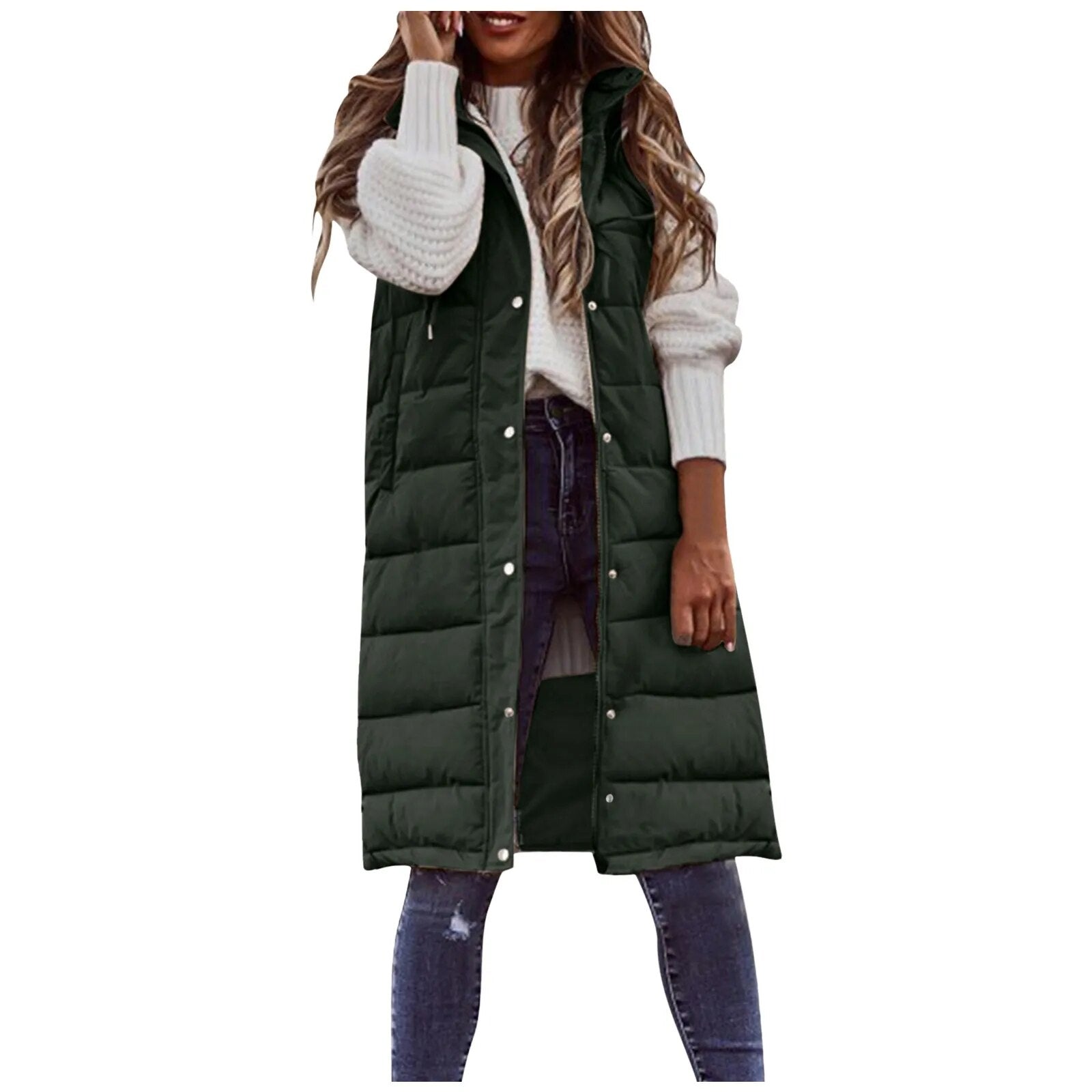 2024 Women's Long Winter Hooded Down Vest Sleeveless Warm Coat Knee-length Waistcoat with Pocket Fashion Brand Streetwear Green