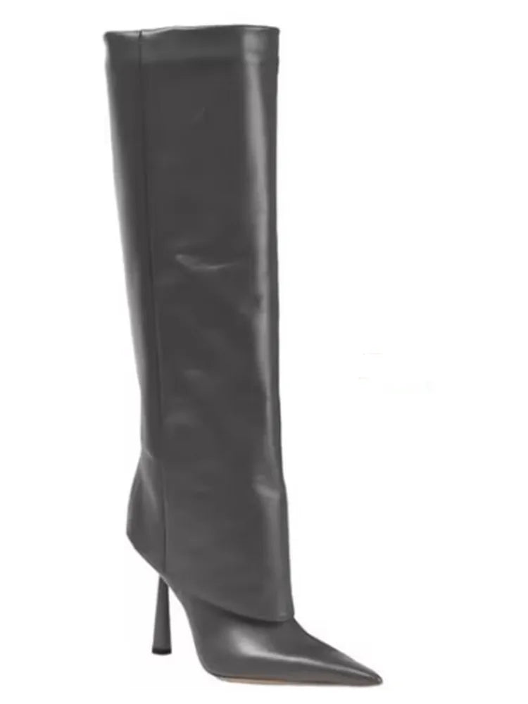 2024 Women's New Knee Length Boots Fashion Pointed Thin High Heel Trouser Sleeve Boots Autumn and Winter Large Size Boots grey